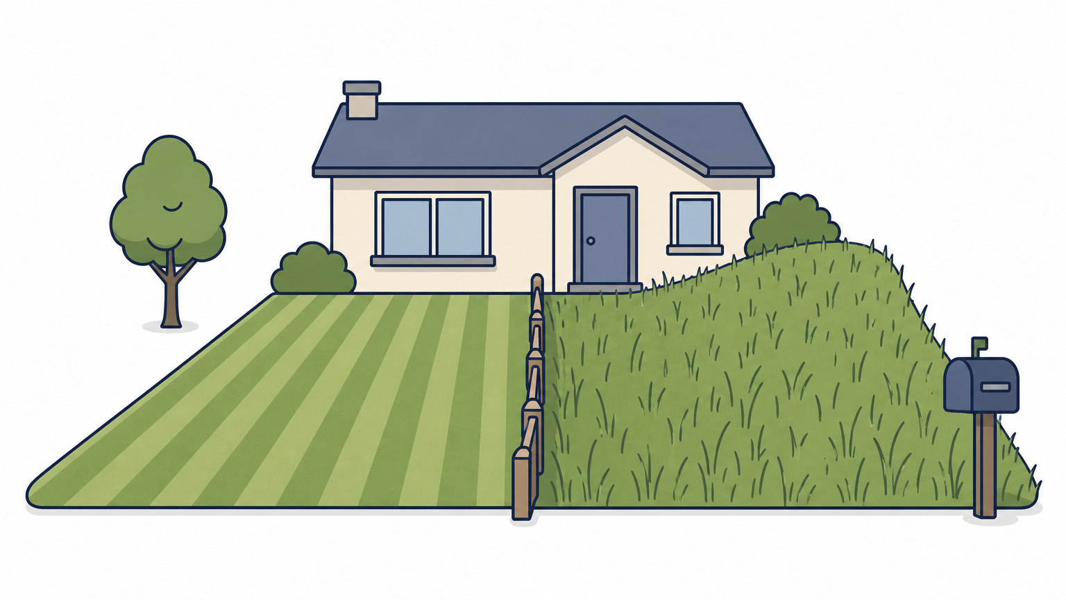 Two front lawns divided by a low wooden fence, one neatly mowed and one taller on a slope.