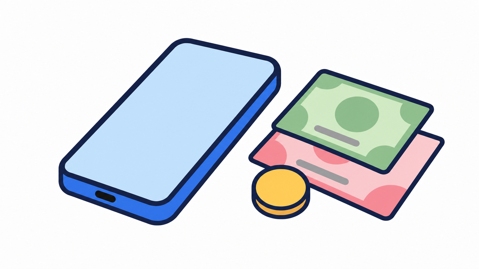 A smartphone on a desk beside stacked Thai and Vietnamese banknotes and a coin.