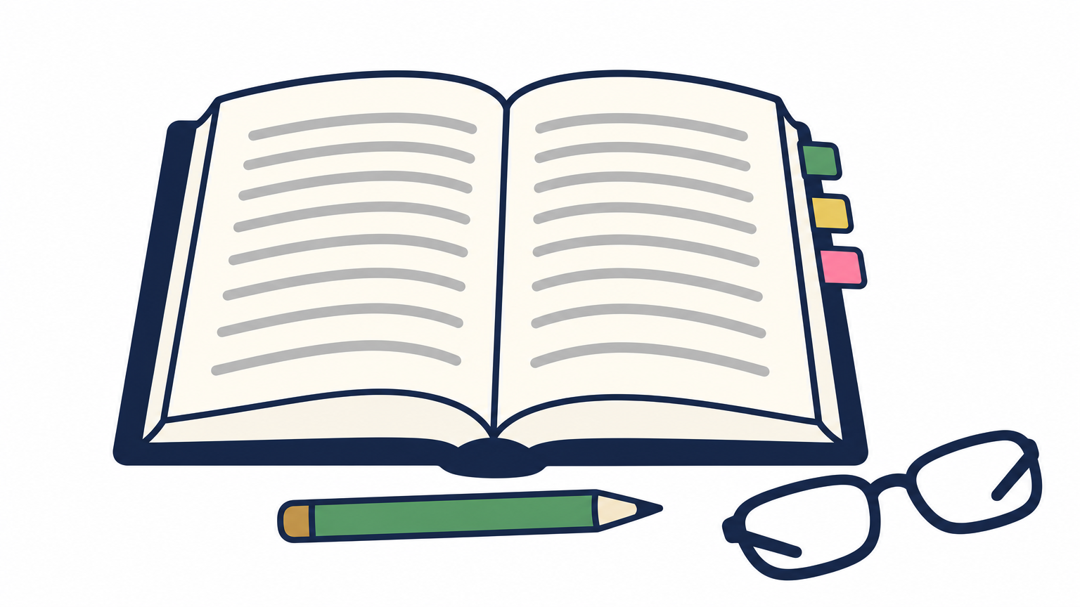 An open Quran lies on a table beside folded reading glasses and a pencil, with small tabs marking its pages.
