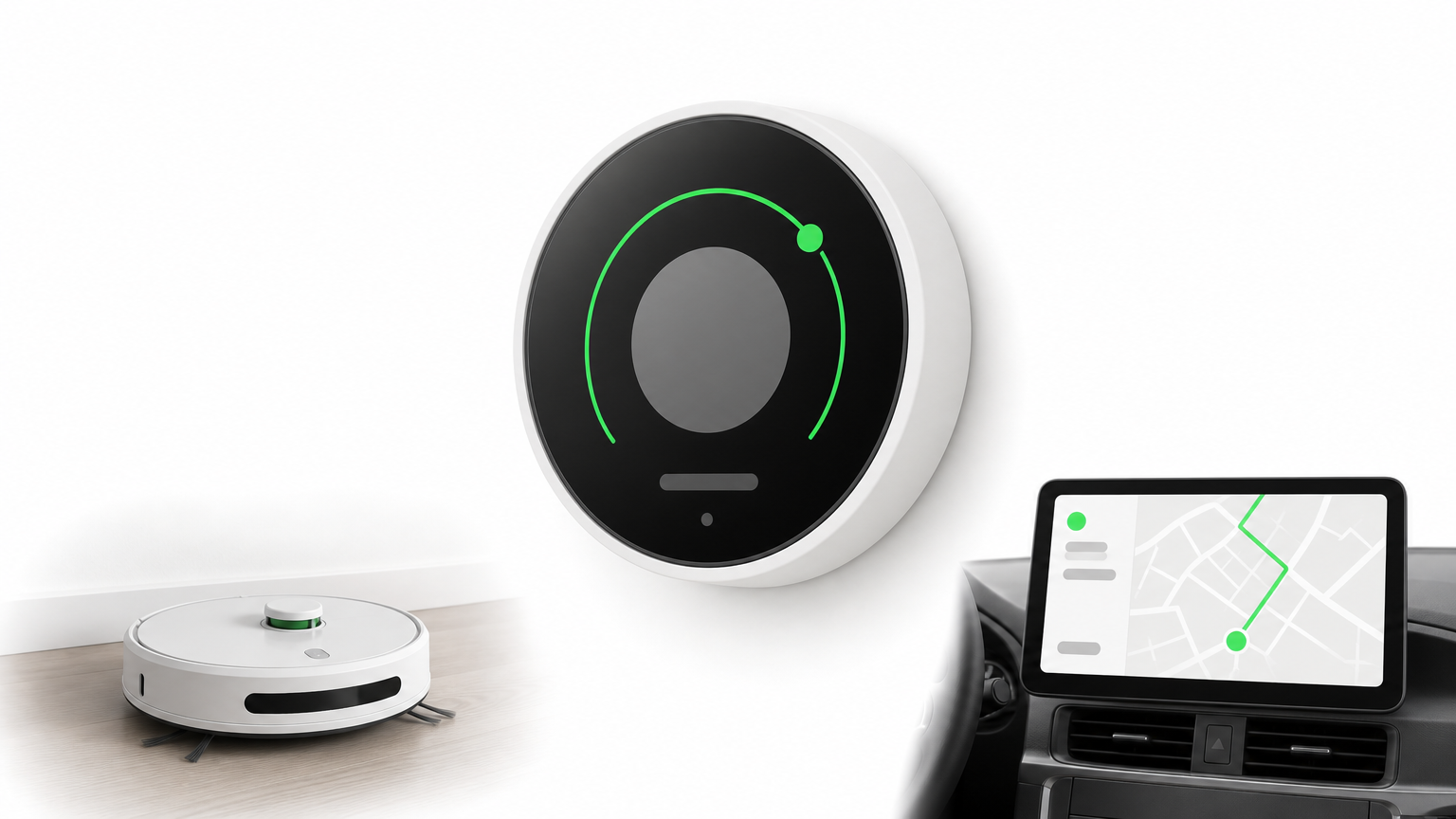A wall thermostat, a robot vacuum on a floor, and a car dashboard map screen.