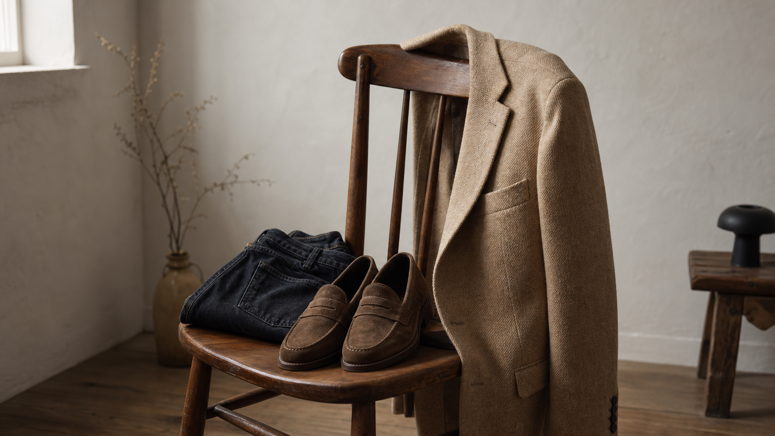 A blazer draped over a wooden chair beside folded dark jeans and a pair of suede loafers.