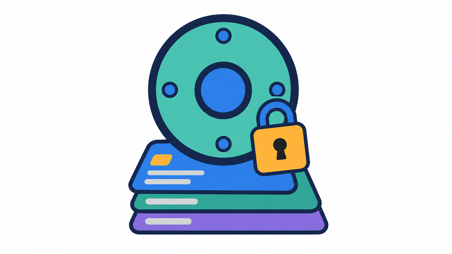 A shield standing on three stacked payment cards with a padlock leaning against it.