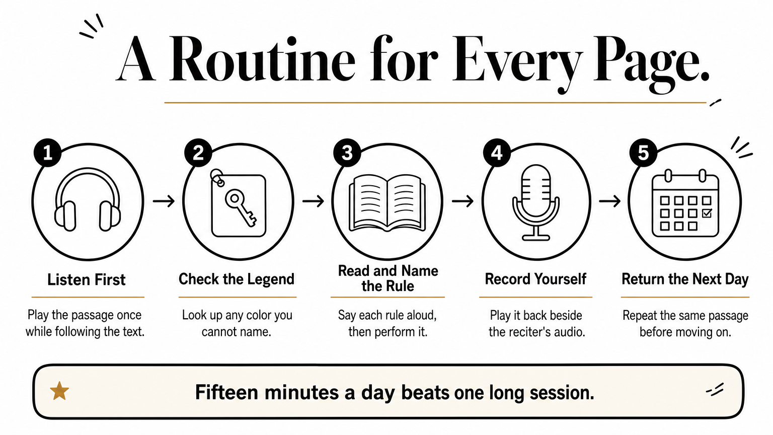 A five-step process diagram showing the daily routine for reading a Tajweed Quran page, from listening to returning the next day.
