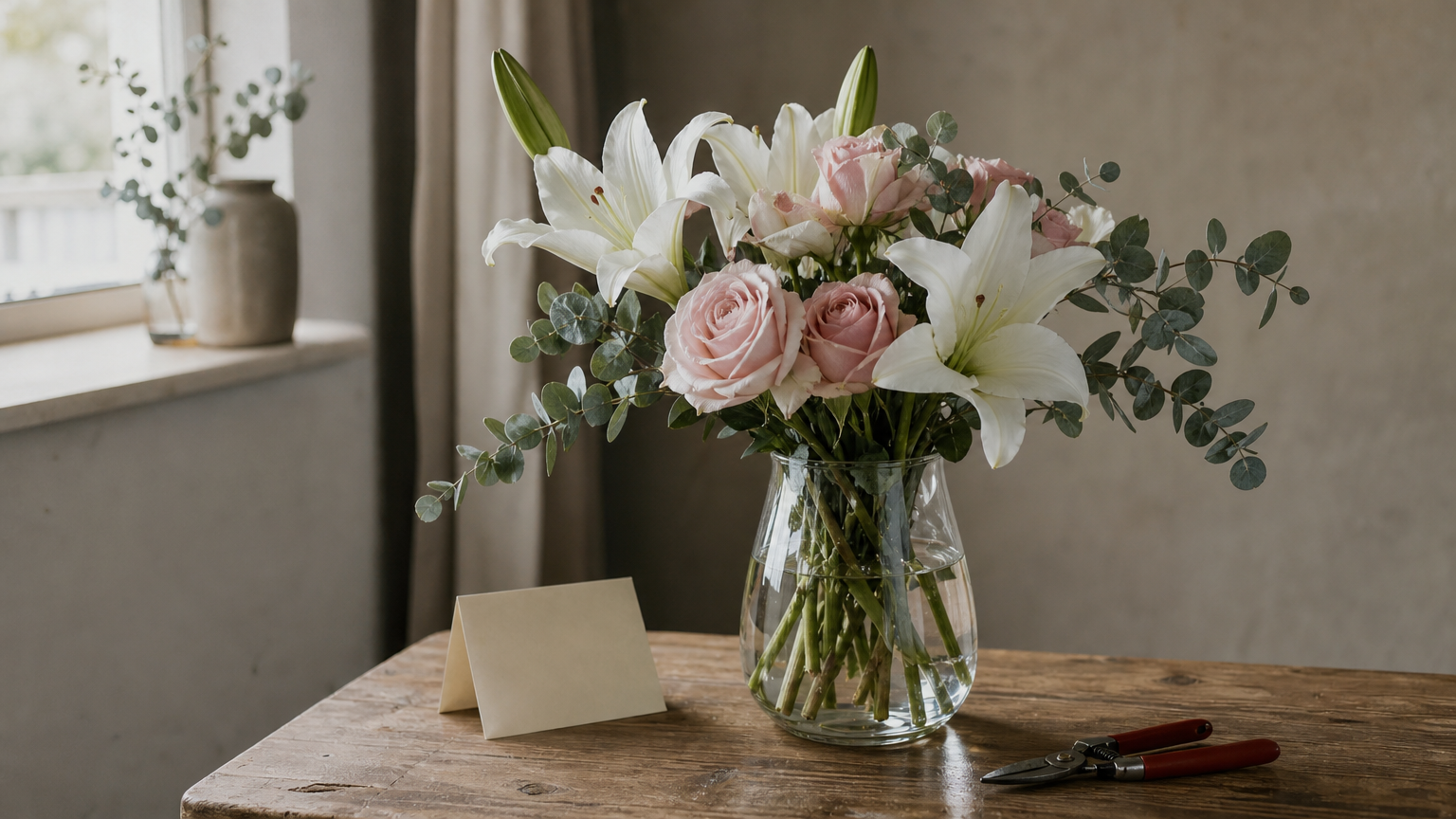 A glass vase of lilies, roses, and eucalyptus sprigs rests on a wooden table beside a folded card.