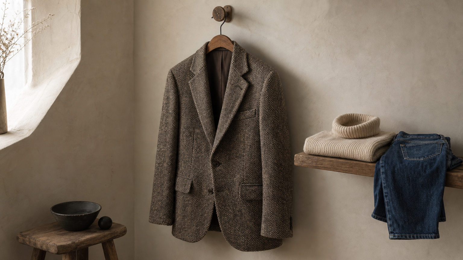 A tweed herringbone blazer hangs on a wooden hook beside jeans and a folded roll-neck sweater.