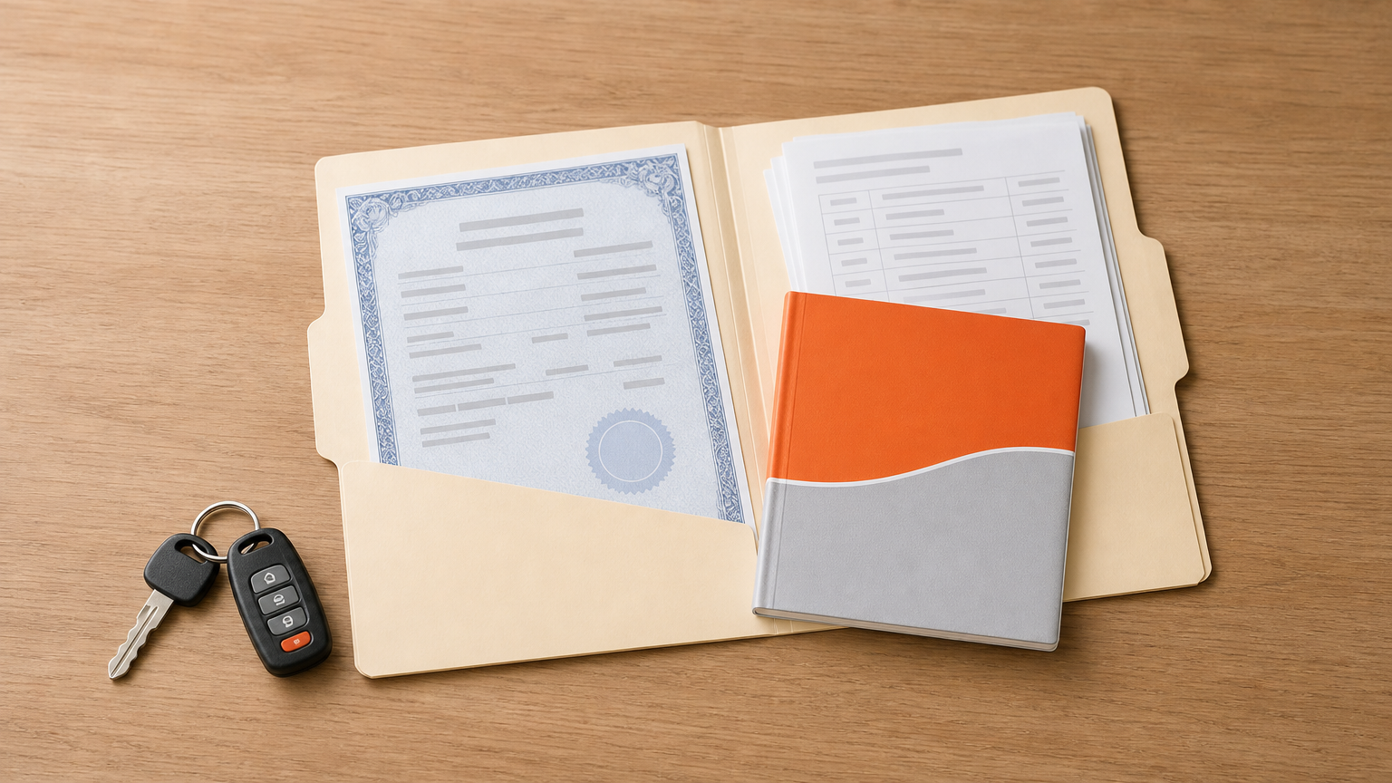 A folder with a vehicle title and service records sits beside an owner's manual and two car keys on a table.