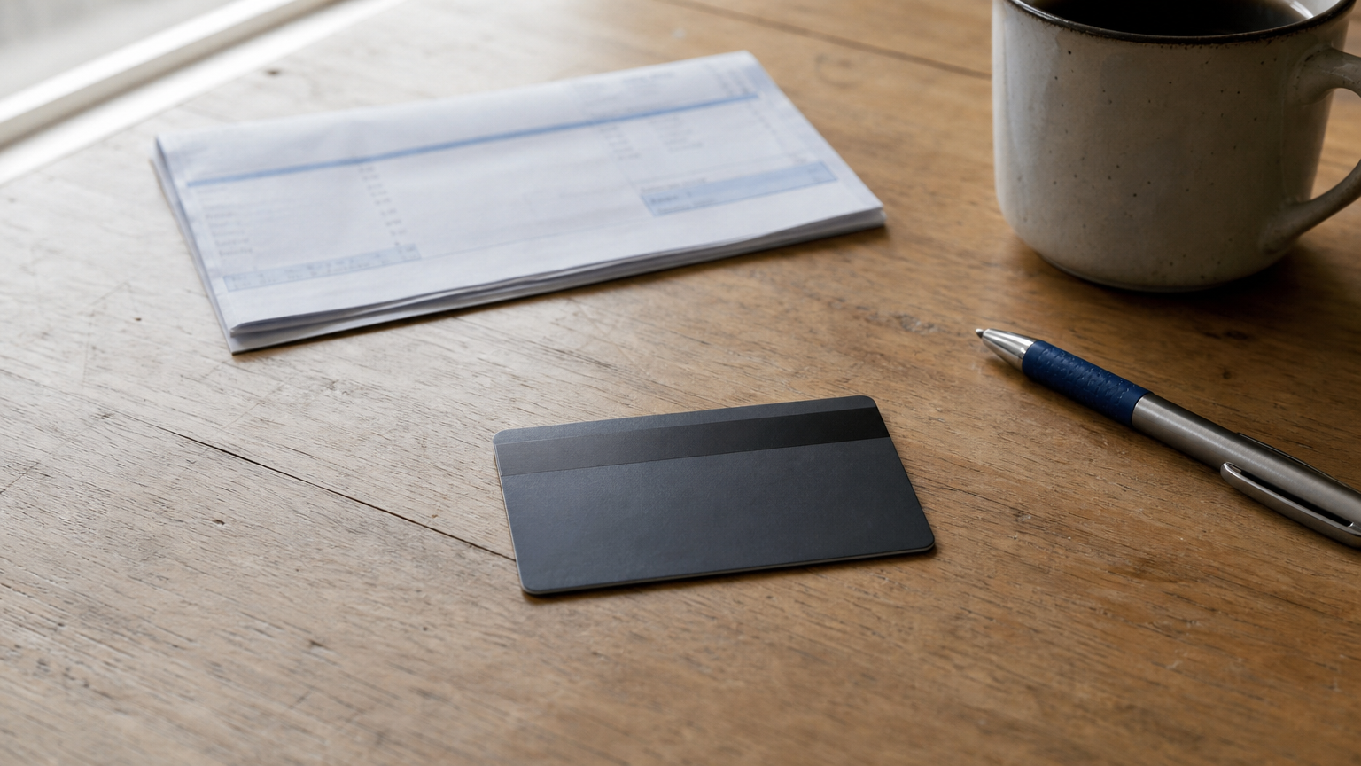 A credit card and a folded pay stub rest on a kitchen table beside a pen.