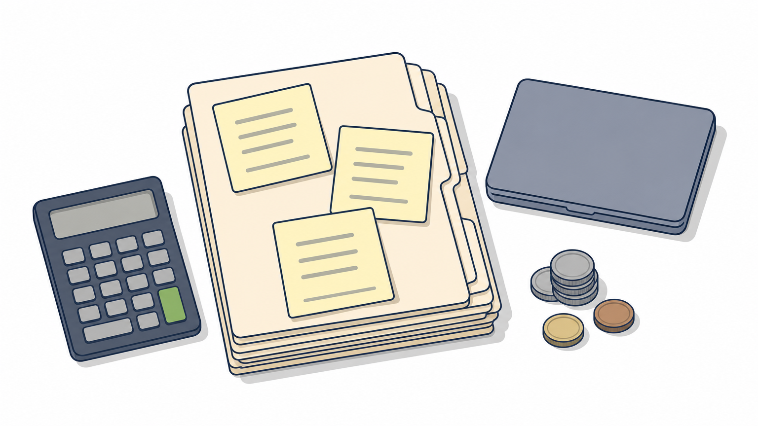 A desk holds hiring folders, a calculator, coins, and a closed laptop, representing the overhead costs of an in-house hire.