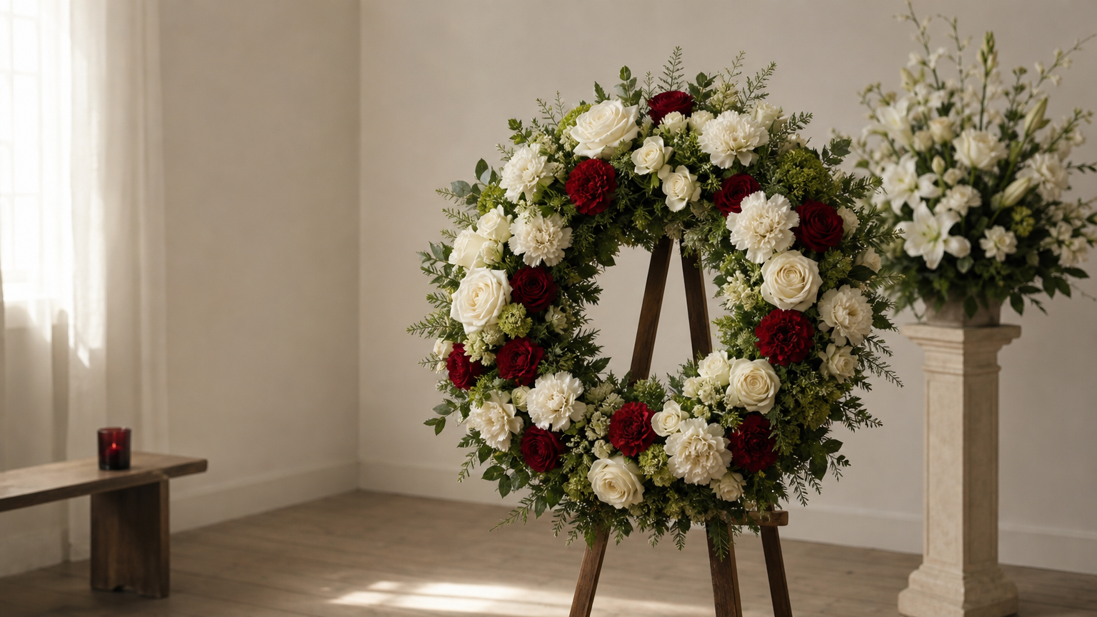 A round funeral wreath of carnations and roses stands on an easel beside a tall flower pedestal arrangement.
