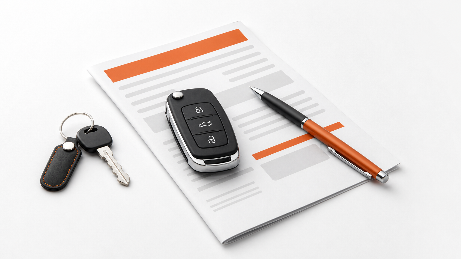 A car key fob rests on a folded written offer beside a pen on a dealership desk.
