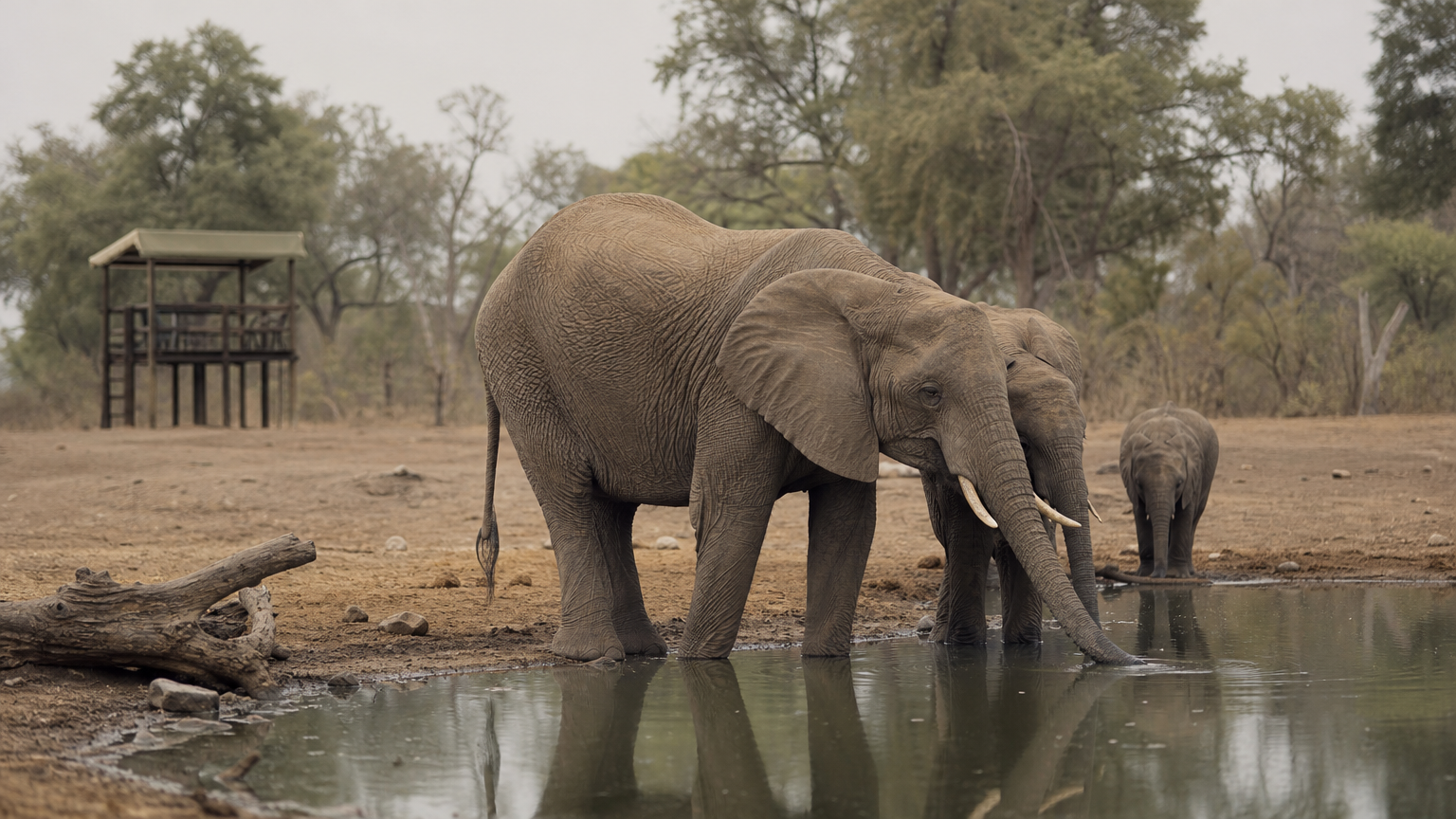 Map of Hwange National Park: How to Read It Before You Go A small herd of elephants drinks at a shallow waterhole, with a wooden viewing platform nearby in open woodland.