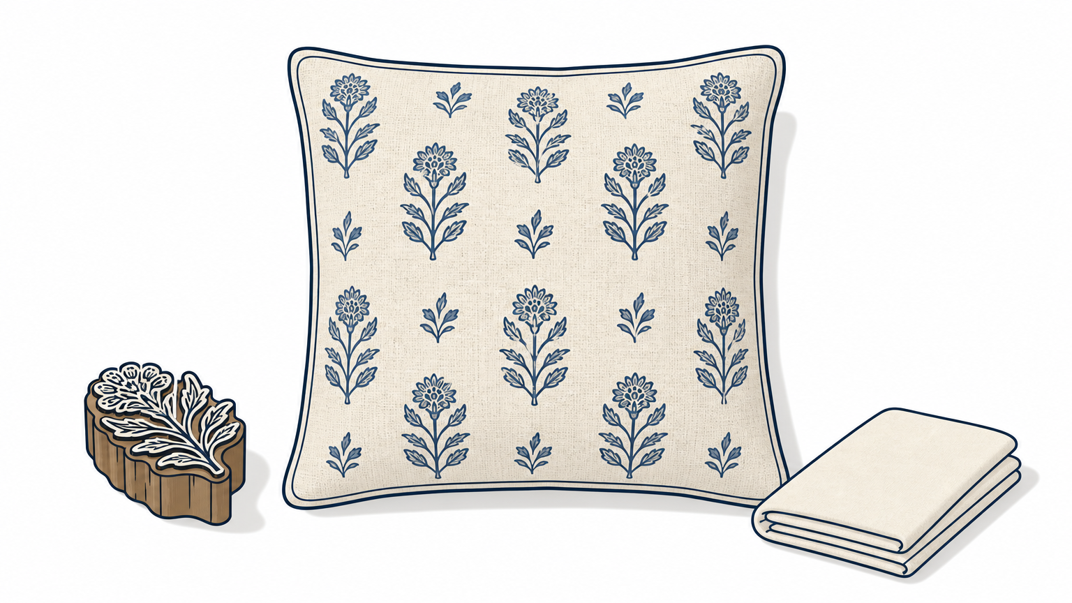 A square linen pillow cover with a hand-stamped floral motif rests beside a carved wooden block stamp.