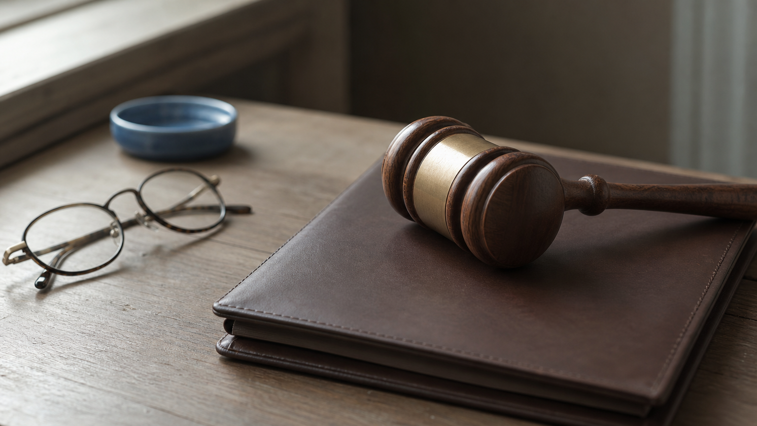 A gavel rests on a closed folder beside reading glasses on a desk.