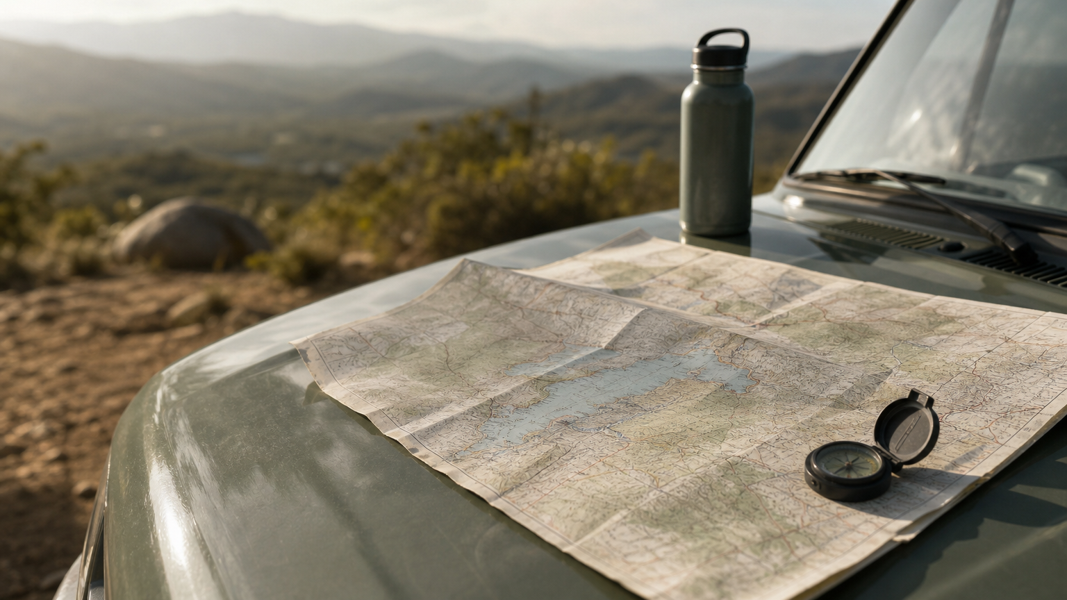 Map of Hwange National Park: How to Read It Before You Go A printed park map lies unfolded across a vehicle bonnet, with a compass on one corner and a water bottle beside it.
