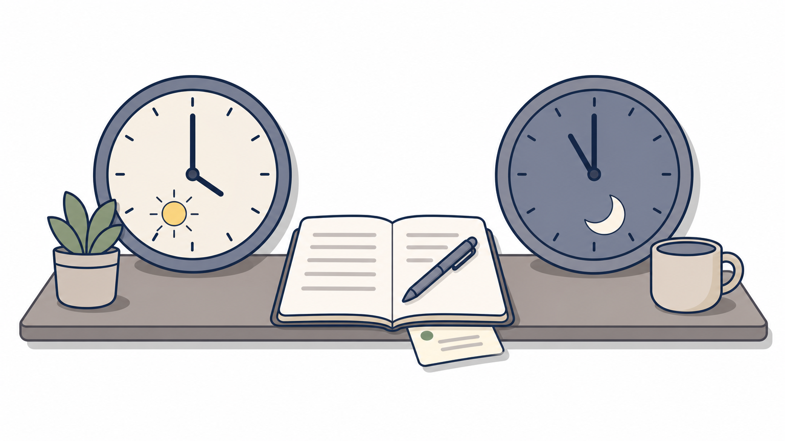 Two wall clocks show different times beside an open notebook and a handoff note, illustrating overnight work across time zones.