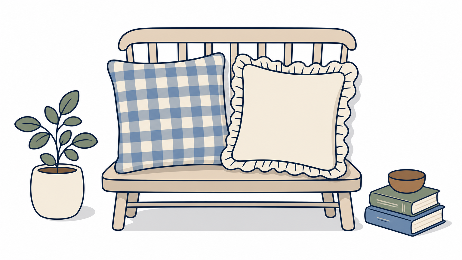 Two square cotton pillow covers, one checked and one with ruffled edges, sit side by side on a bench.
