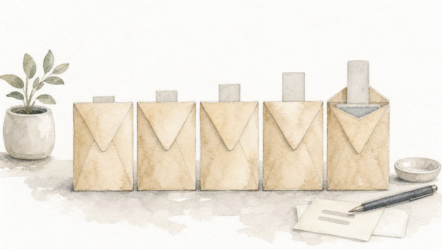 Five identical sealed envelopes lined up on a desk, each with a tab sticking out at a different height.