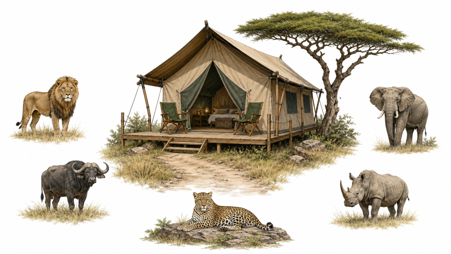 A canvas safari tent with a wooden deck, two folding chairs, and a dirt path leading up to it.