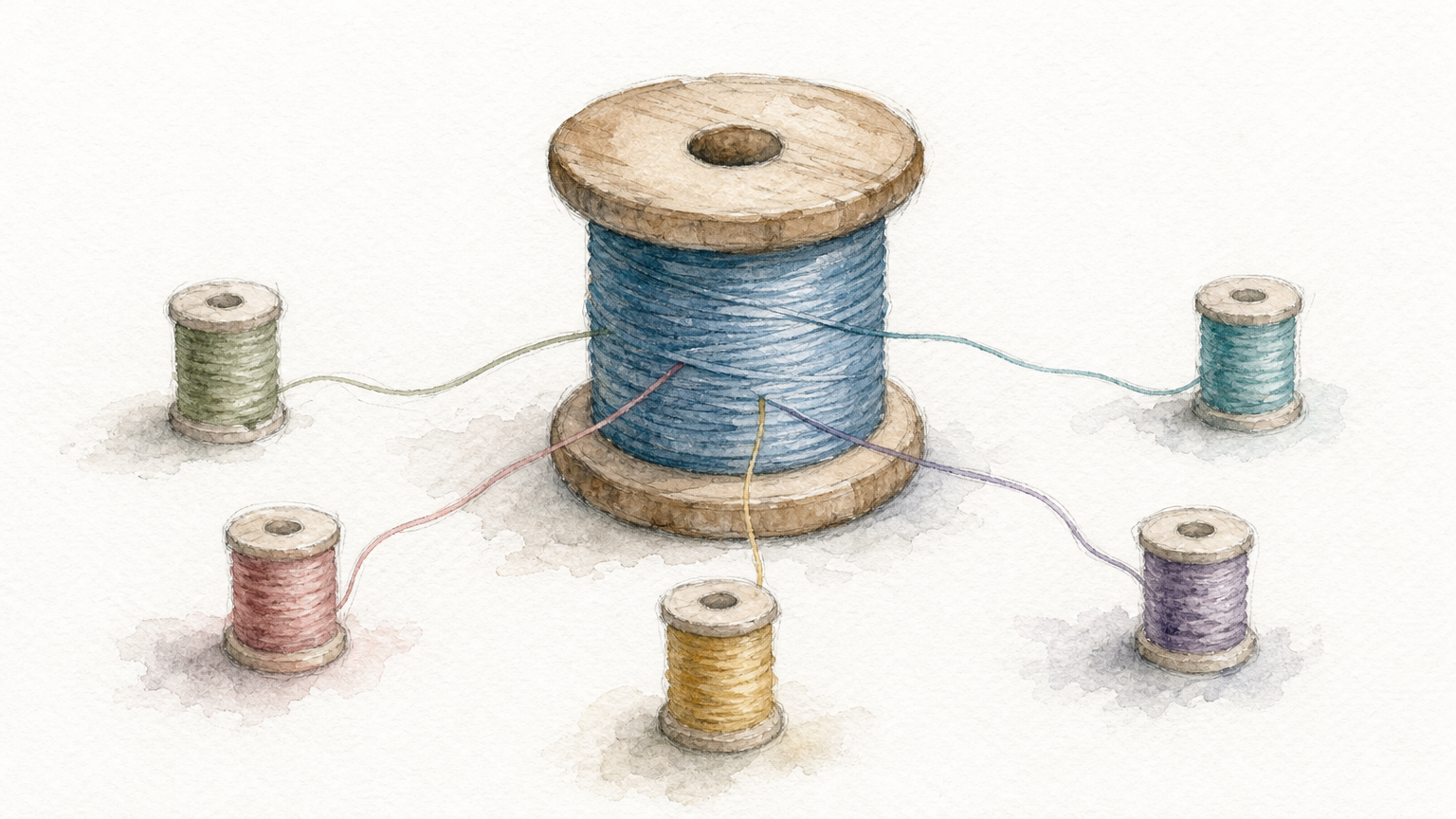 A large central spool with five threads running out to five smaller spools, each unwinding separately.