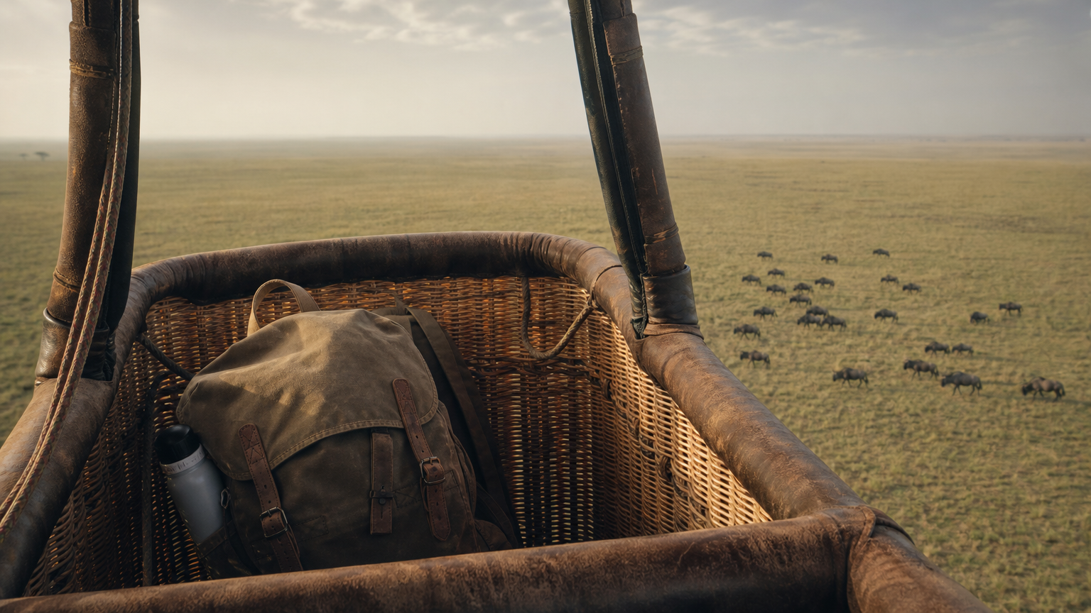 A hot-air balloon drifts above open grassland while wildebeest graze far below.