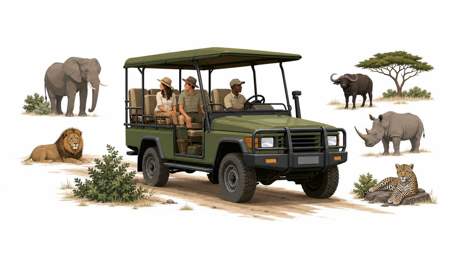 A safari vehicle parked on a dirt track, with two travelers in the back and a driver-guide at the wheel.