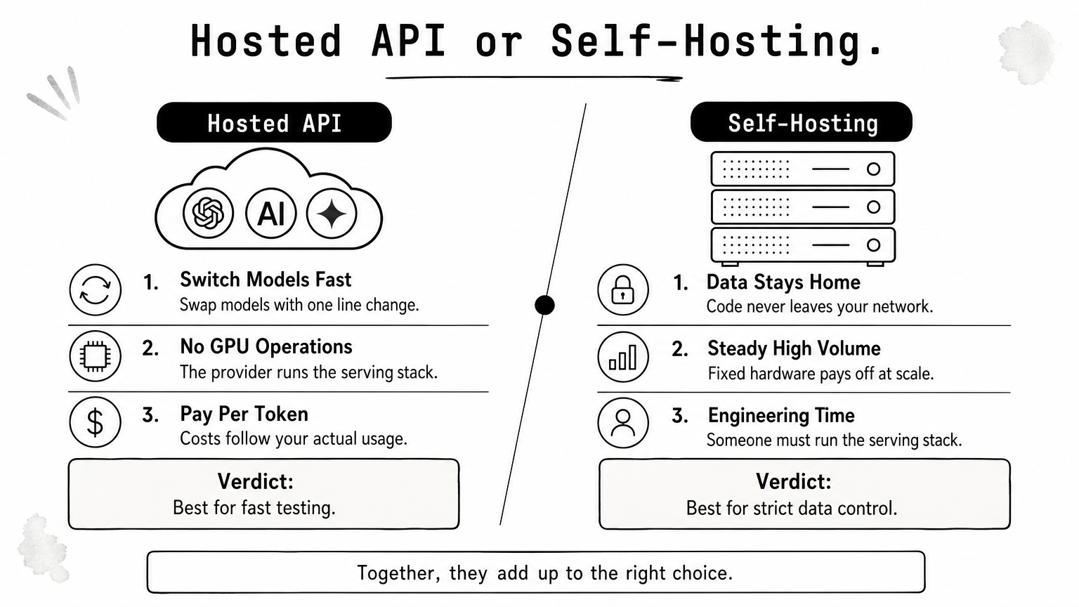 Comparison of hosted API and self-hosting, each with three points and a verdict for when to choose it.