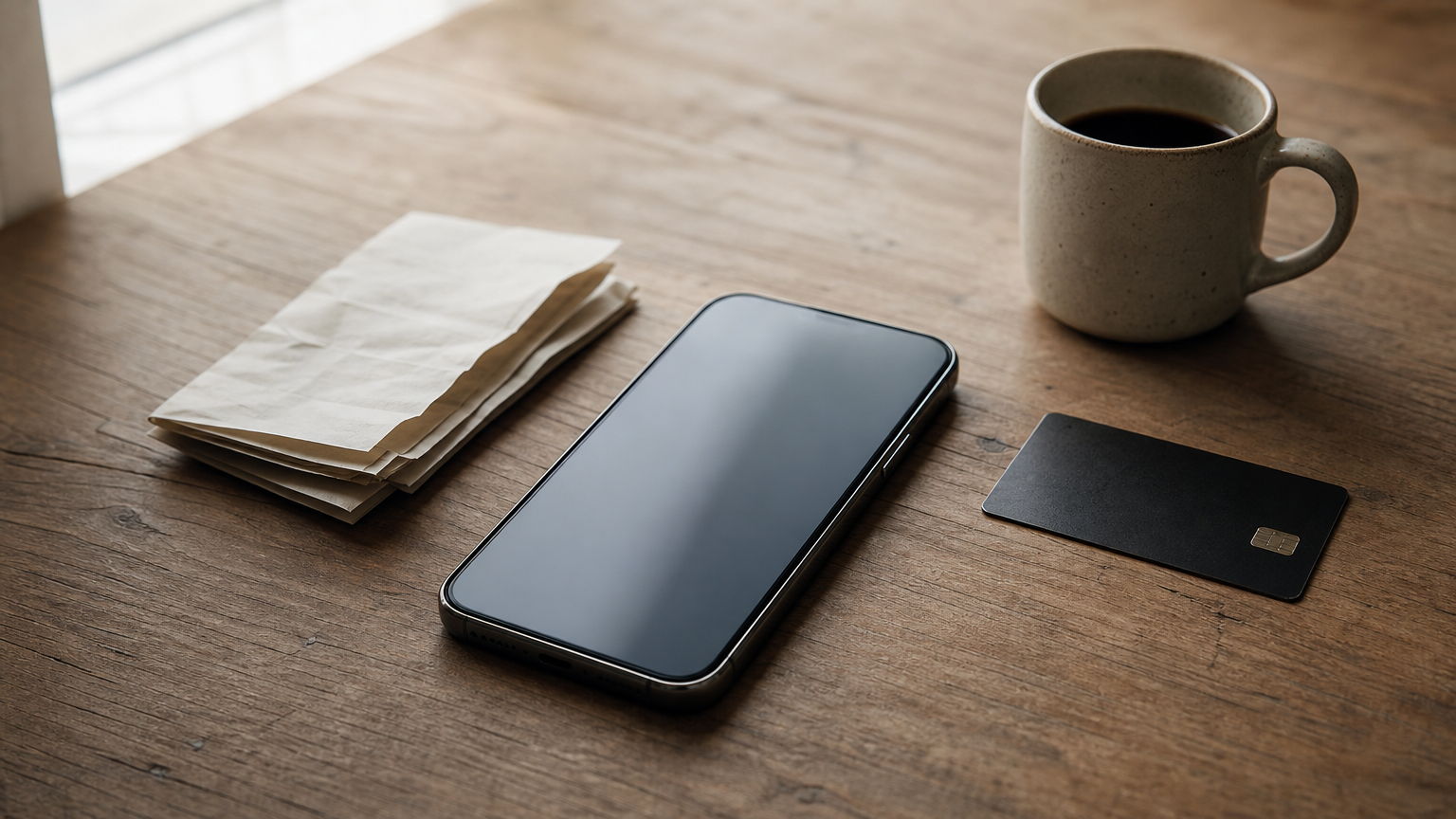 A smartphone and a paper receipt lie on a desk beside a card and a mug.