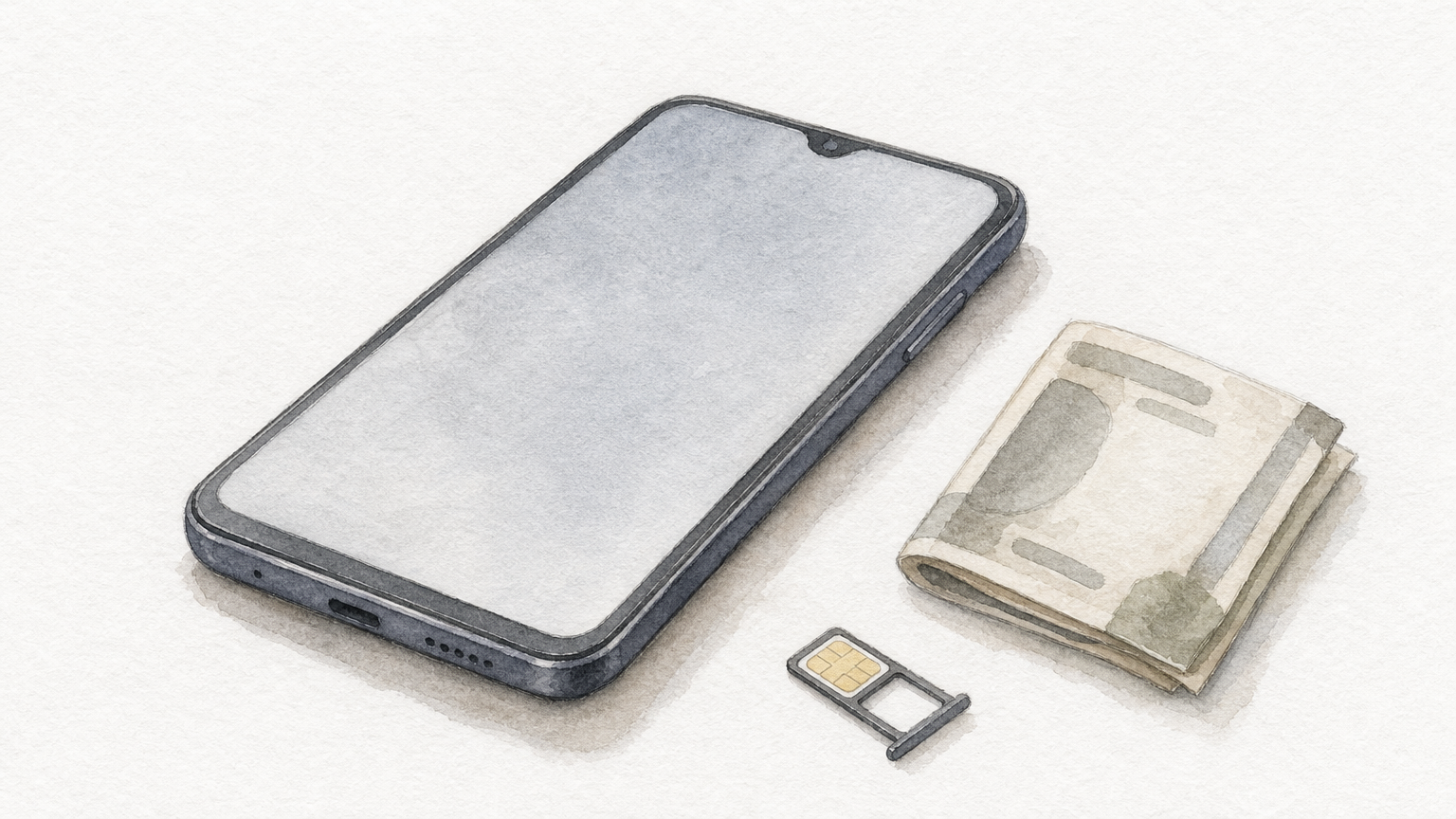 A smartphone on a table beside a folded rupee note and a SIM card tray.