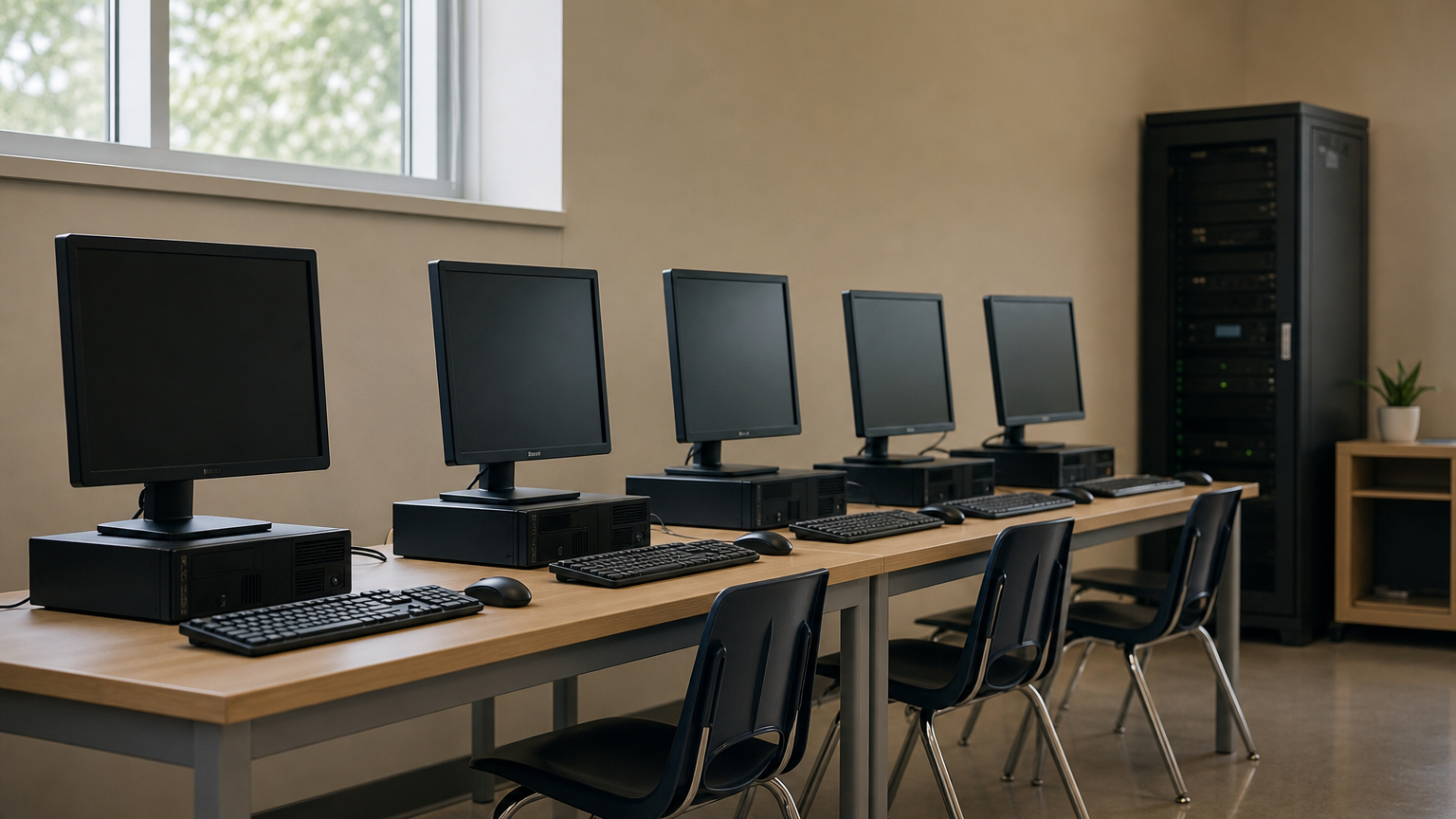 Five desktop computers sit in a row in a lab, with a server rack in the corner.