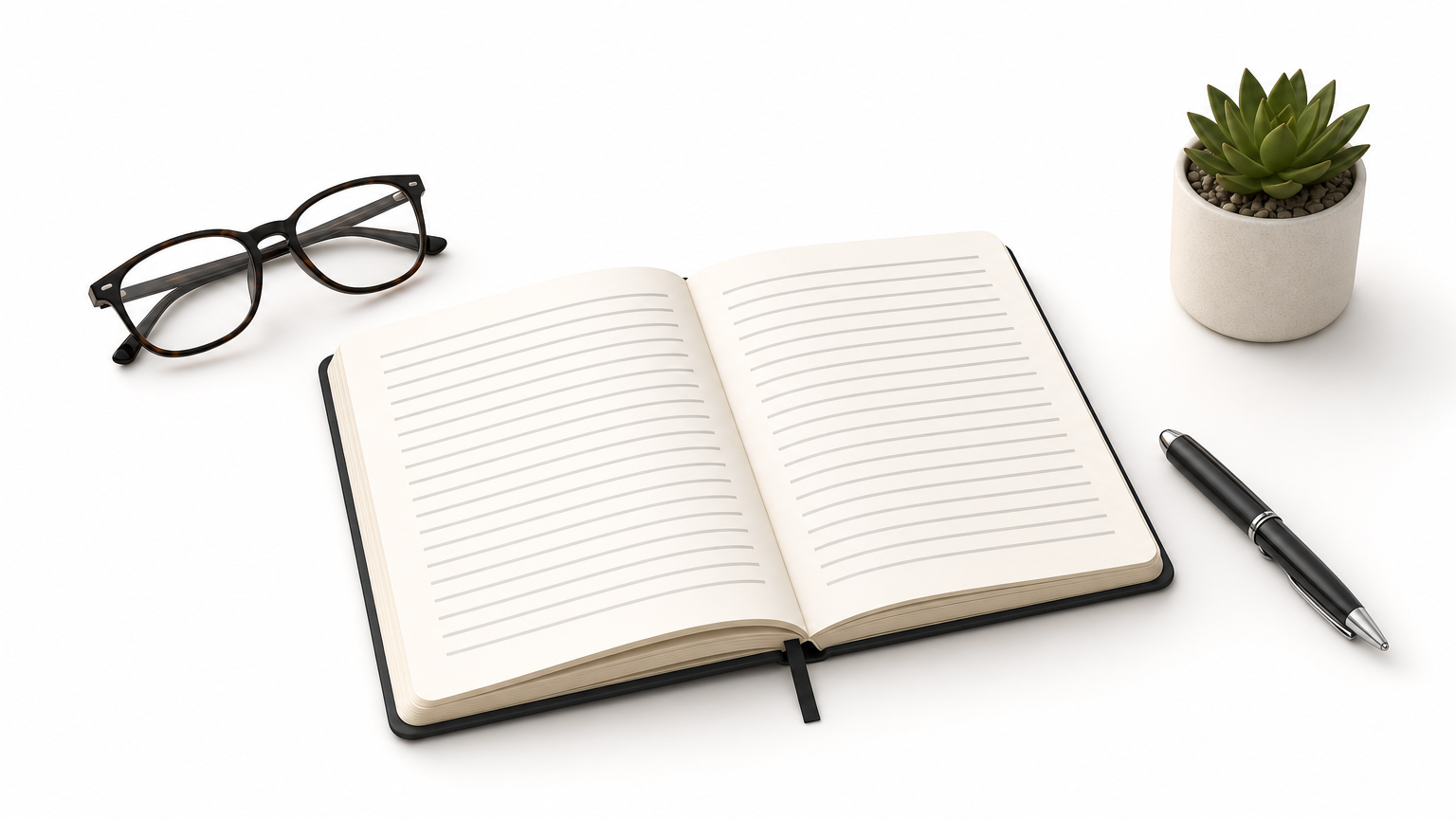 An open notebook with reading glasses and a pen rests on a desk.