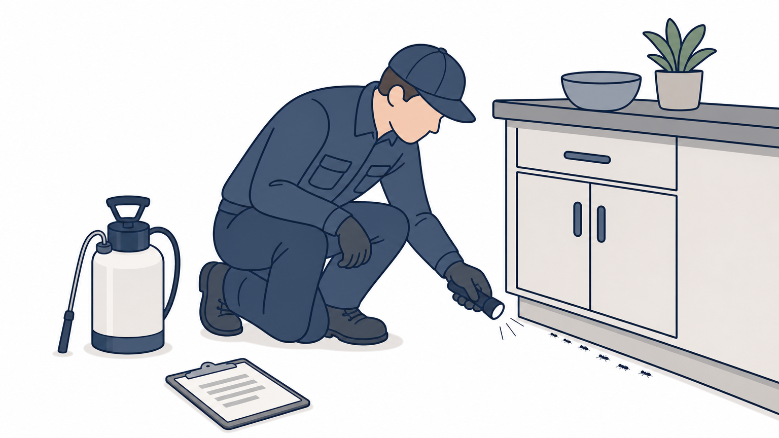 A technician kneels by a kitchen baseboard, inspecting a line of ants with a flashlight and clipboard nearby.