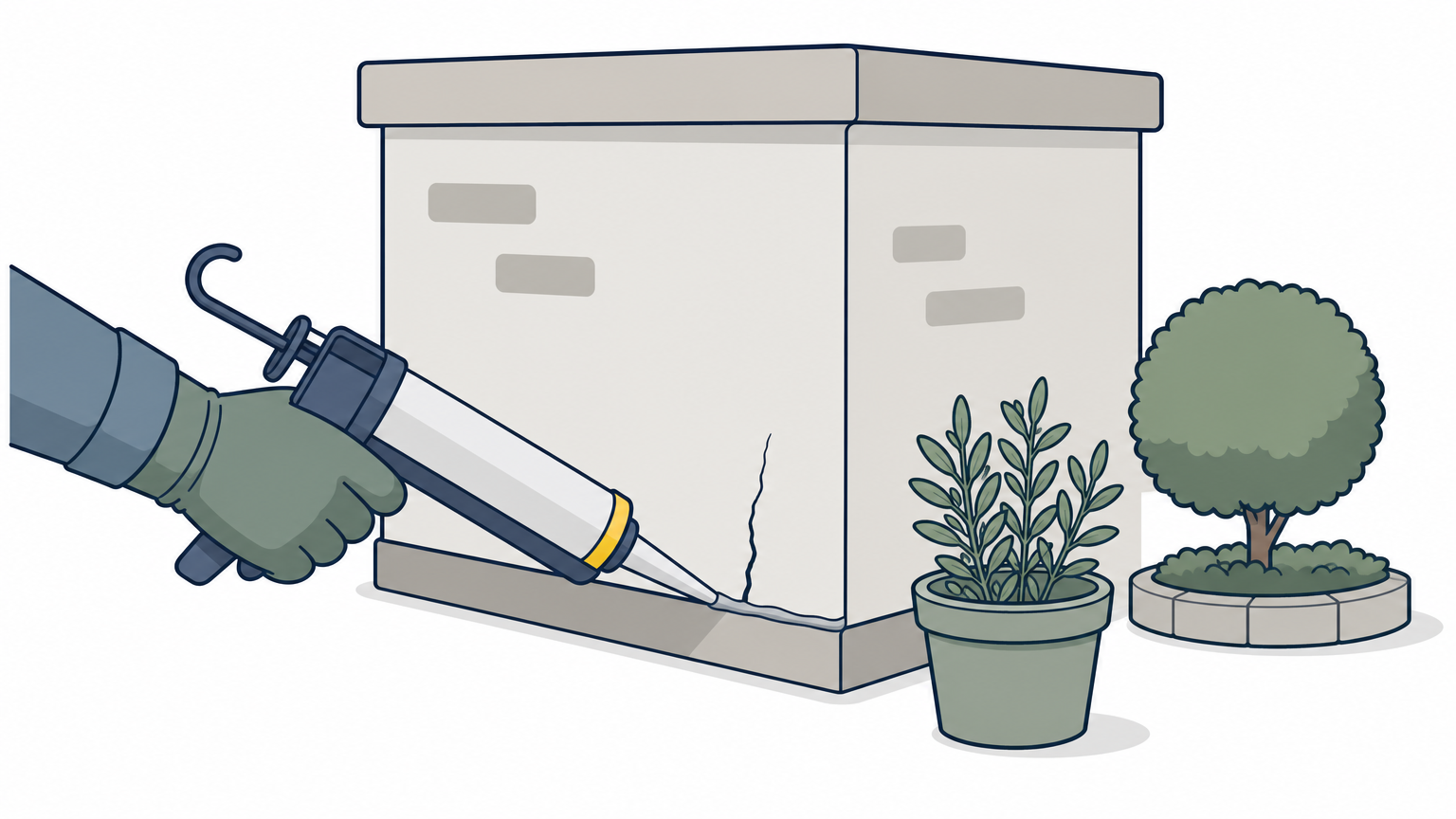 A gloved hand seals a crack at the base of a garden wall beside a potted herb.