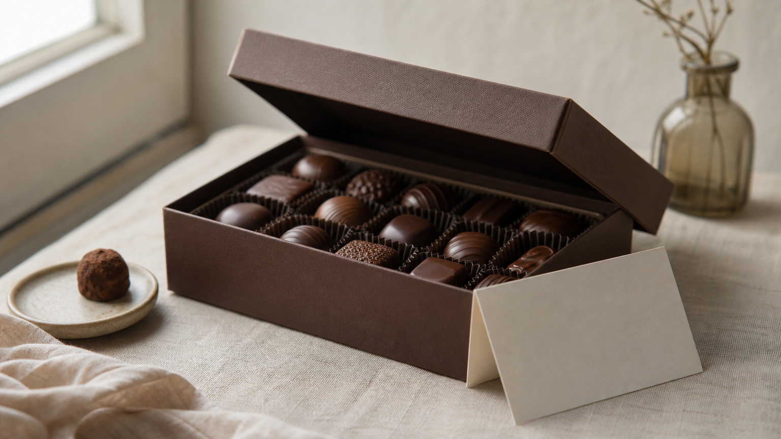 A rigid chocolate box with its lid partly lifted, showing rows of chocolates beside a folded thank-you card.