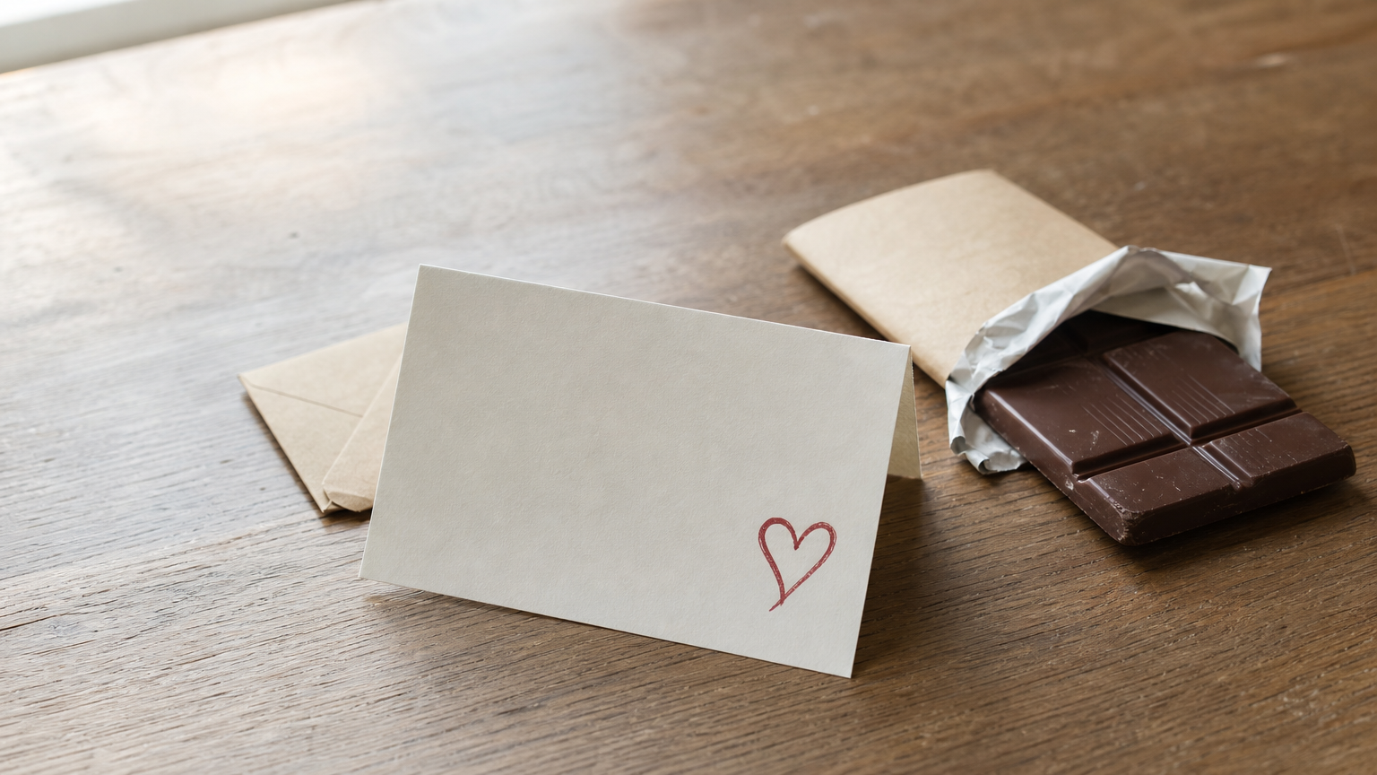 A gift card lying beside a chocolate bar with its wrapper partly peeled back, and a small envelope behind.