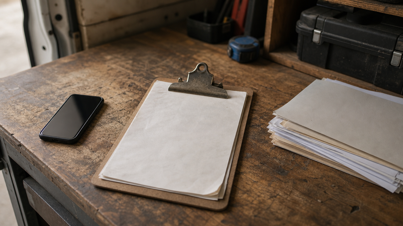 A handwritten parts slip on a clipboard sits beside a smartphone and a stack of invoices.