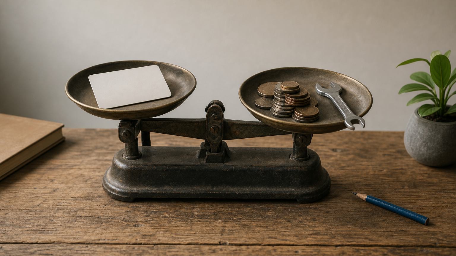 A kitchen scale balancing a license card against a stack of coins and a wrench.