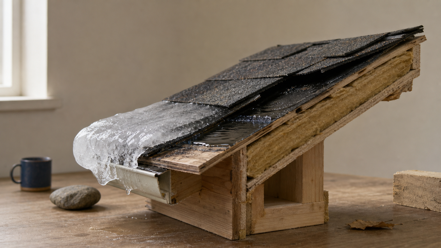 Cross-section of a roof edge with a ridge of ice at the eave trapping meltwater under the shingles.