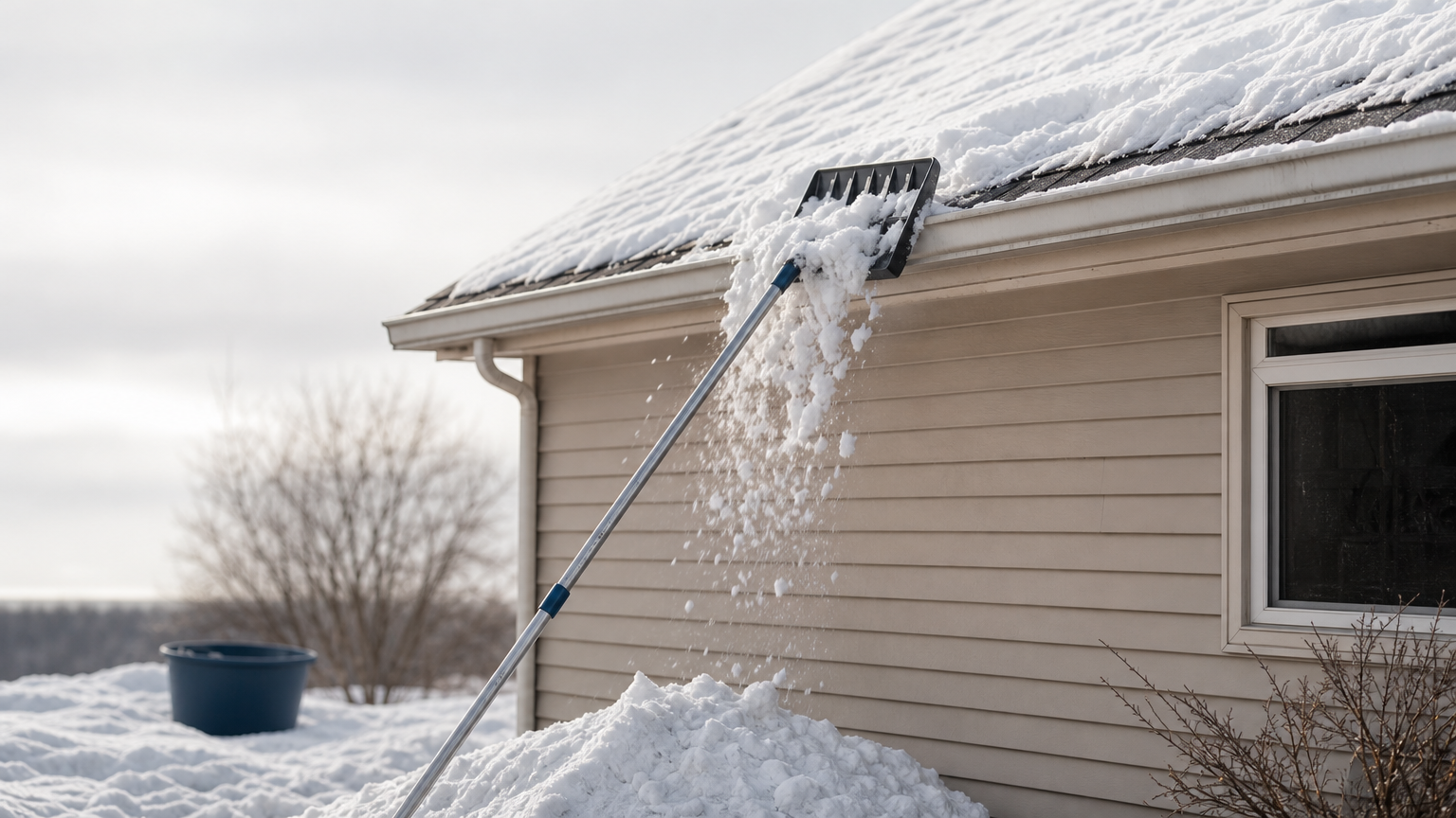 A long-handled roof rake pulling snow down from the lower edge of a pitched roof.