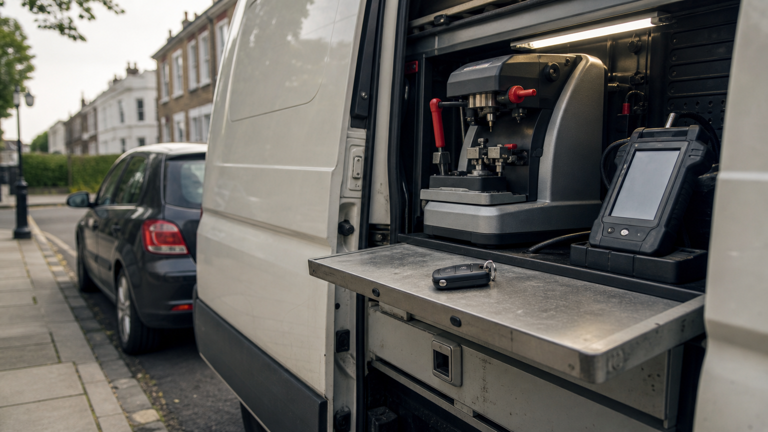 A service van with its side door open beside a parked car, showing key cutting and programming tools.