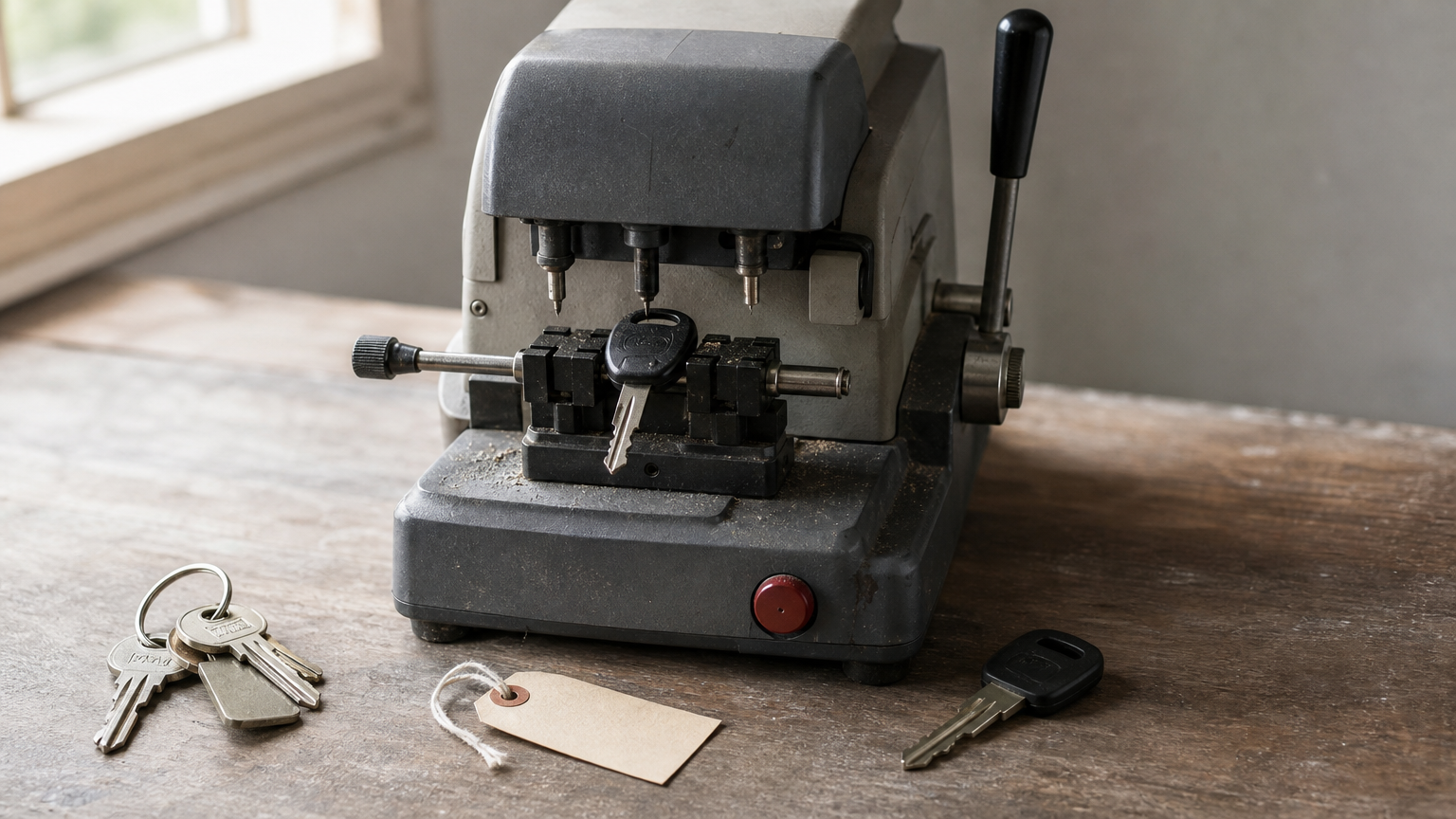 A self-service key copying machine with an original key clamped in place beside a blank key.