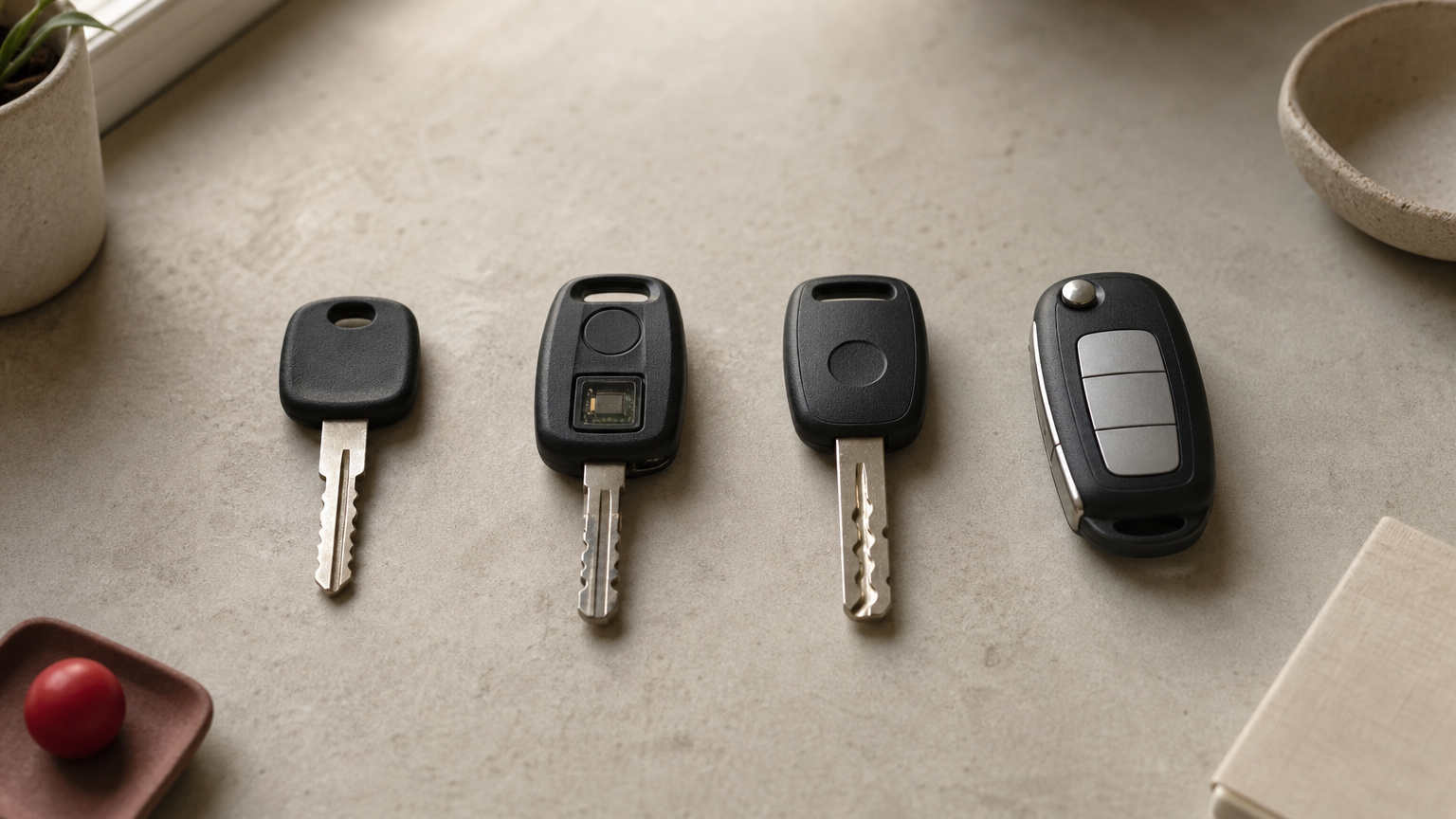 Four car keys in a row, from a basic metal key to a push-to-start fob, spaced evenly.