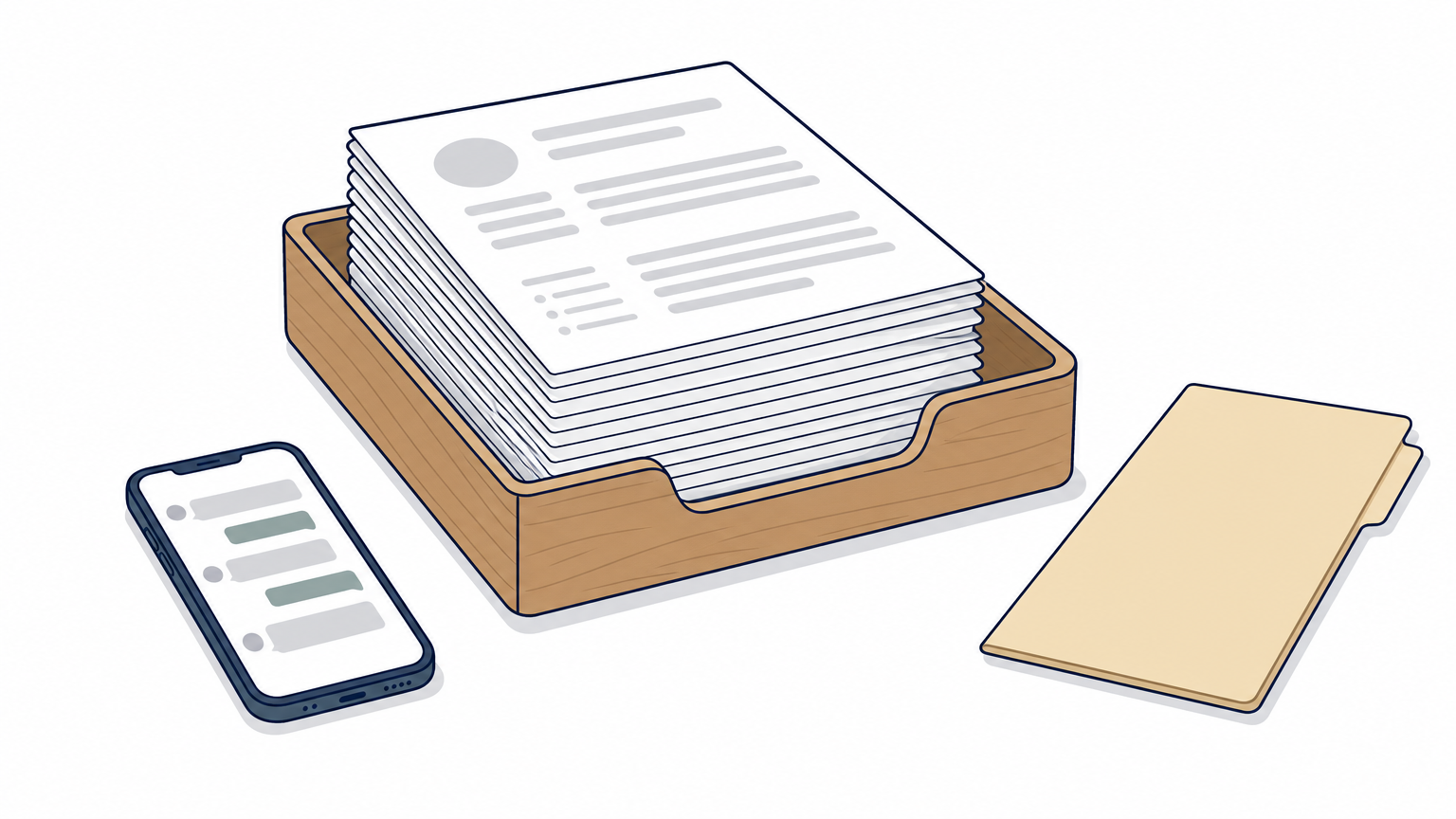 A tall stack of printed CVs in a desk tray, with a folder and phone beside it.