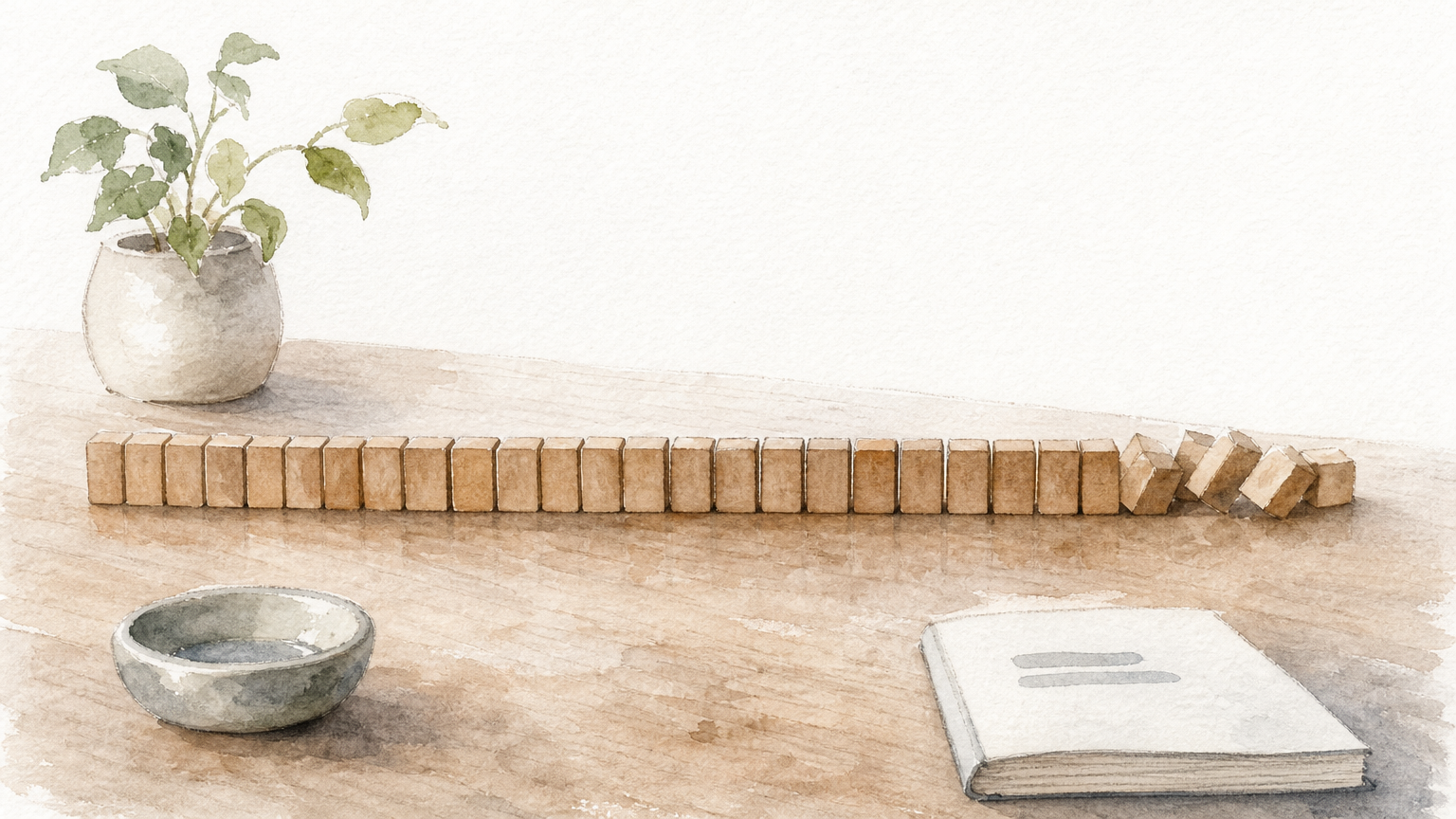 A long line of thirty small wooden blocks on a table, with a few tilted near the far end.