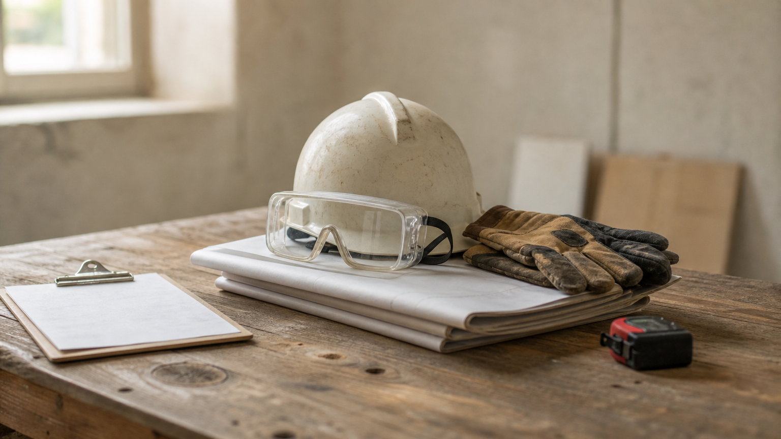 Helm, Schutzbrille und Handschuhe liegen auf einem Stapel gefalteter Dokumente auf einer Werkbank.