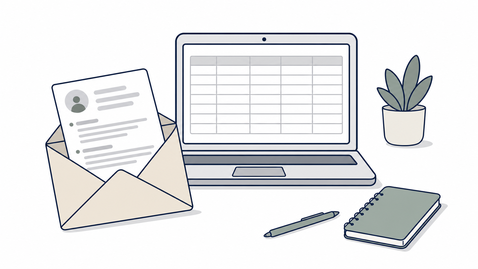 An envelope with a printed CV halfway out, beside a laptop showing a blank spreadsheet grid.