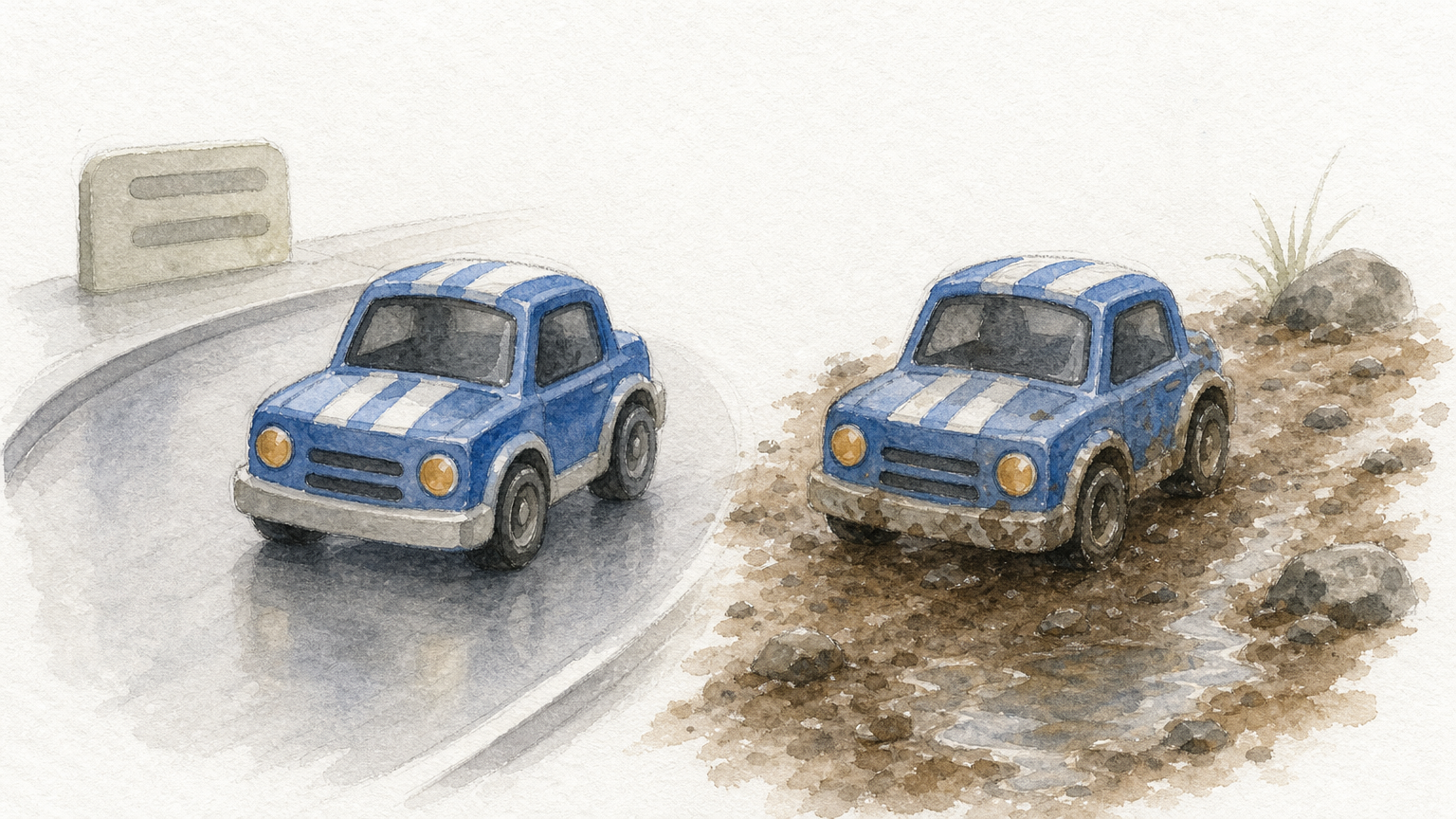 A toy car on a smooth tabletop track next to the same car on a rocky dirt road.