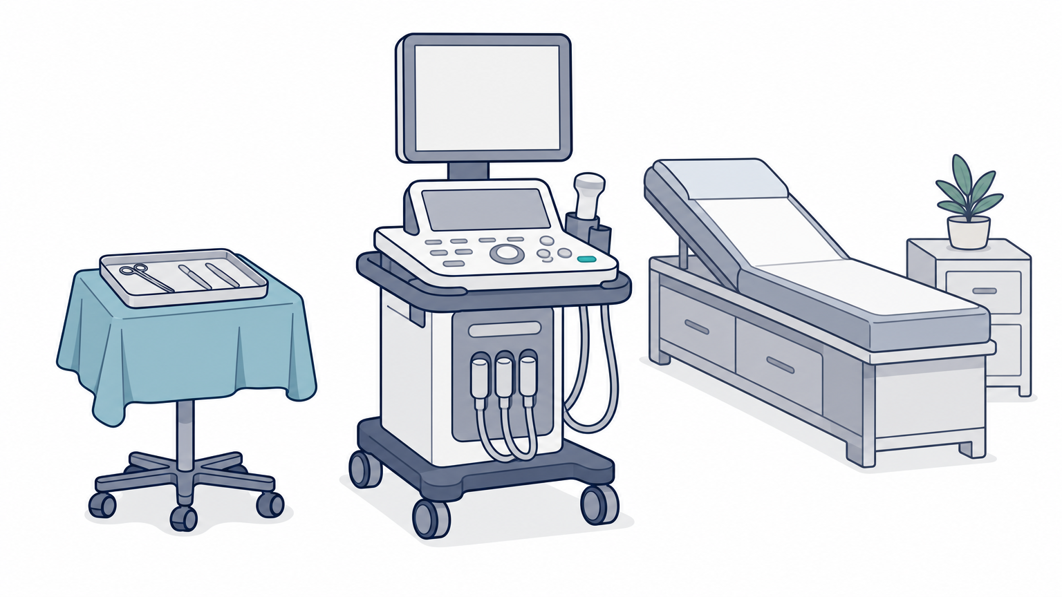 An ultrasound machine on a cart sits next to a covered surgical instrument tray in an exam room.