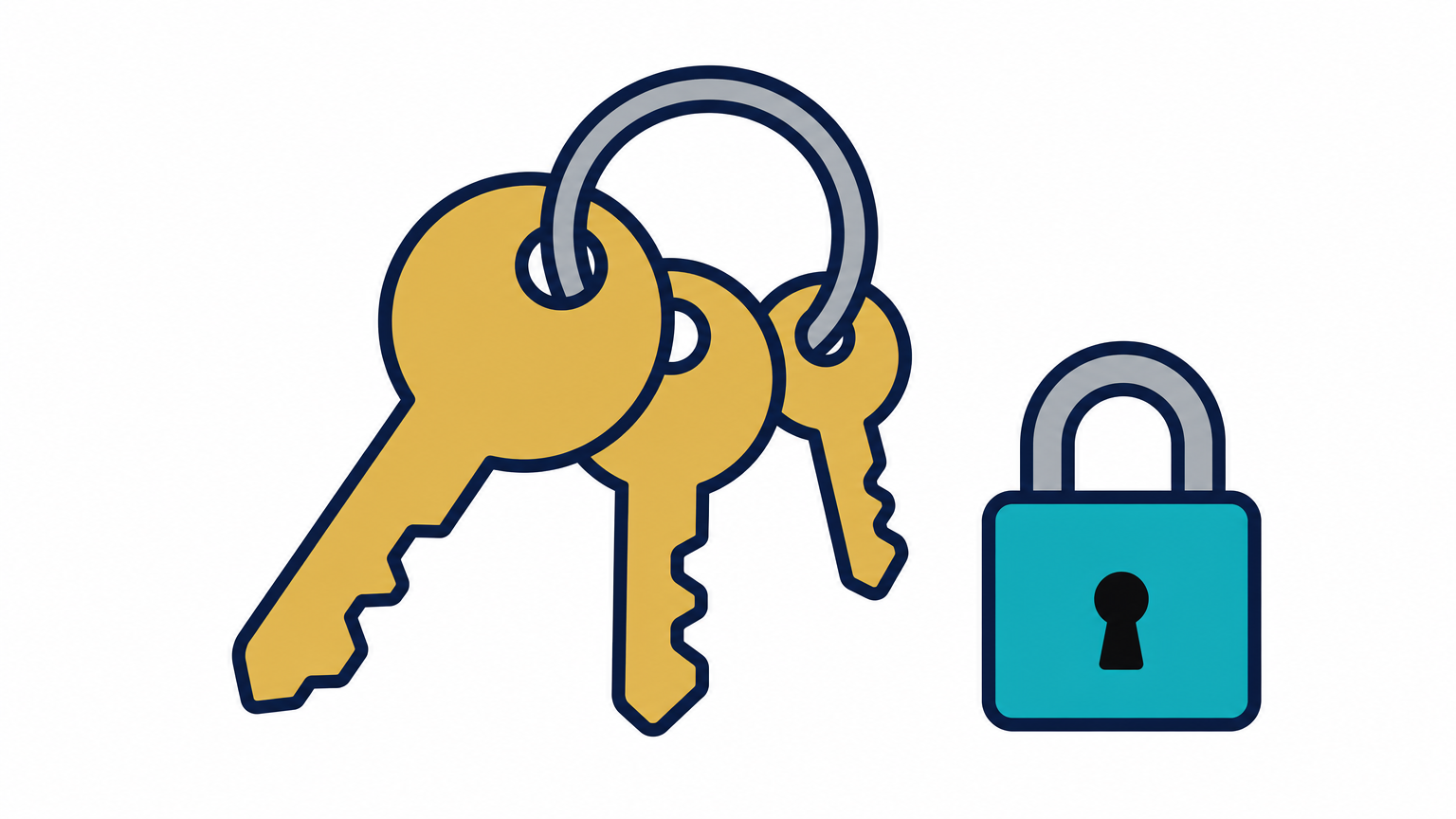 Three keys on a steel ring beside a small padlock on a desk.