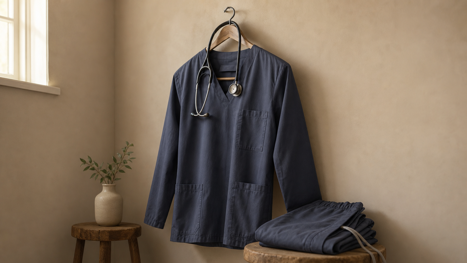 A long sleeve scrub top on a hanger beside folded scrub pants and a draped stethoscope.