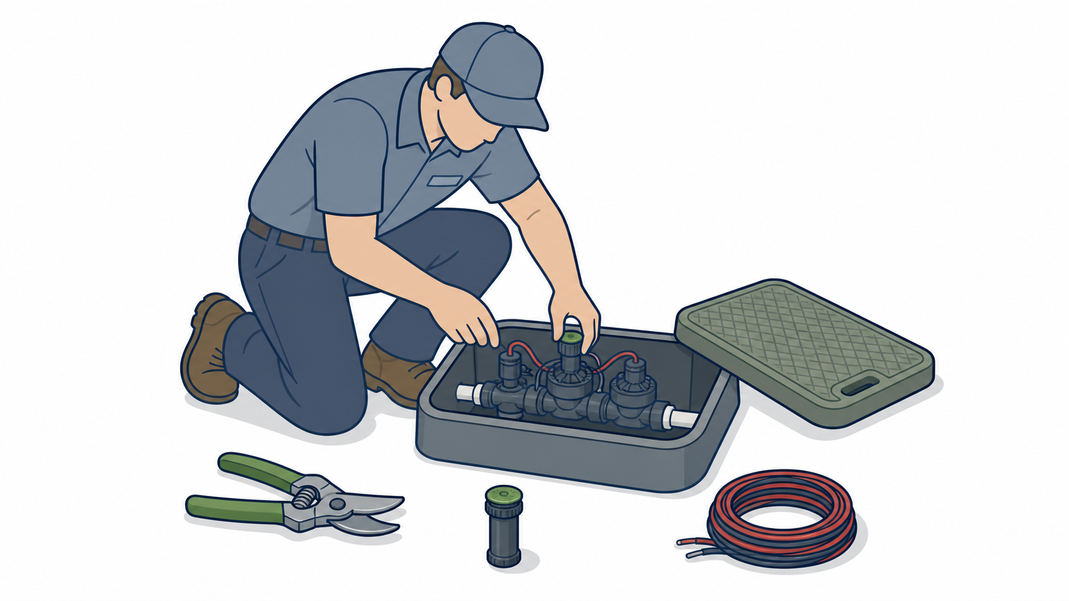 A technician kneels beside an open valve box in a lawn, with a spare spray head and coiled wire nearby.